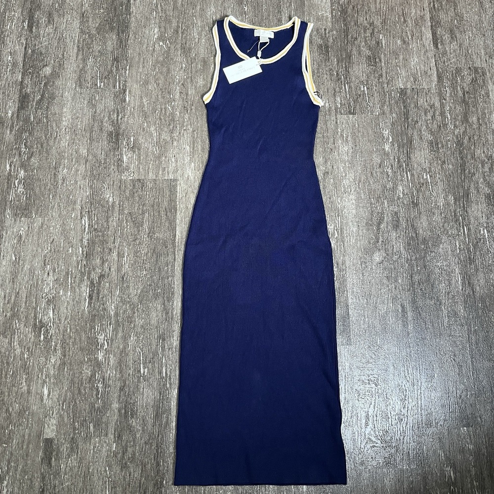 NWT Caroline Constas Maxi Dress Women's M Navy Blue Ribbed Fitted Stretch Knit